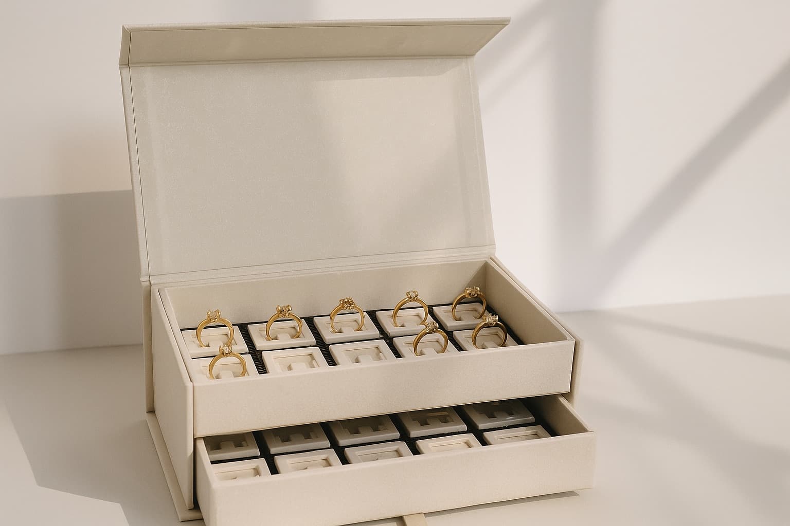 Elegant jewelry display in cream box