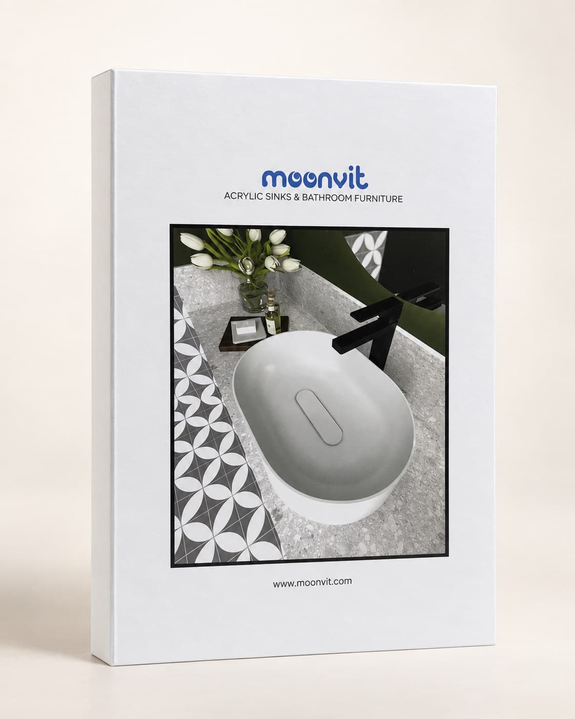 Moonvit acrylic-sink sample folder, closed and open with six foam-set colour discs